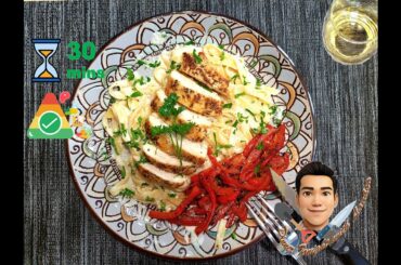 Easy 30-mins DATE NIGHT DINNER: CHICKEN FETTUCCINE ALFREDO with Red Bell Pepper