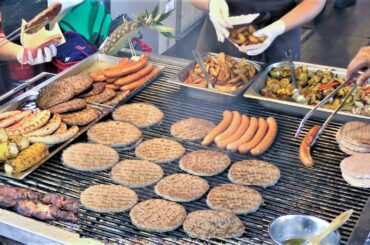 Italy Street Food. Grills with Large Burgers, Sausages, Asado and more Food