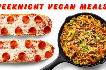 Simple WEEKNIGHT VEGAN Meal Ideas! Garlic Bread PIZZA, TOSTADAS & CHILI GARLIC NOODLES!