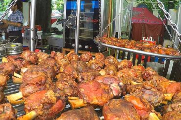European Street Food in Italy. Best Bavarian Ham Hock Schweinshaxe, Italian Meat on Grill and more