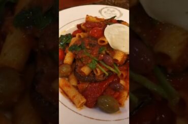 Regatoni pasta | passata sauce and cooked with sun dried tomatoes, olives, aubergine, basil #shorts