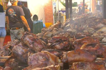 Italy Street Food Event from the World. Huge Grills of Mixed Meat, Big Load of Burgers, Arrosticini
