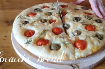 Focaccia Bread with rosemary, olives and tomatoes(Italian easy recipe )