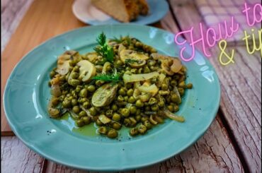 Peas with mushrooms and white wine Fast and Delicious