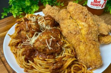 SPAGHETTI & CATFISH DINNER! SOUL FOOD FISH FRIDAY! How to Fry Catfish Spaghetti and Meatballs Recipe