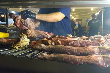 International Street Food Event. Best Argentinian Asado, Italian Huge Skewers with Cheese. Italy