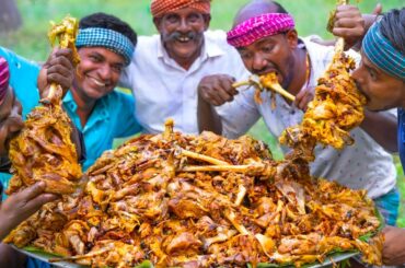 MUTTON LEG PIECE | Cooking & Eating | Mutton Uppu Kari | Full Goat Leg Fry Recipe Cooking In Village