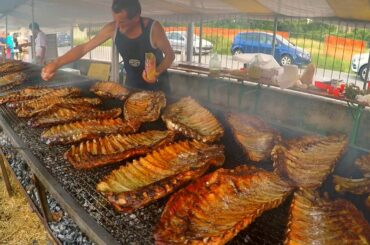 Italy Street Food. Huge Grill of Ribs, Sausageas, Picanha, Churrasco and more Food
