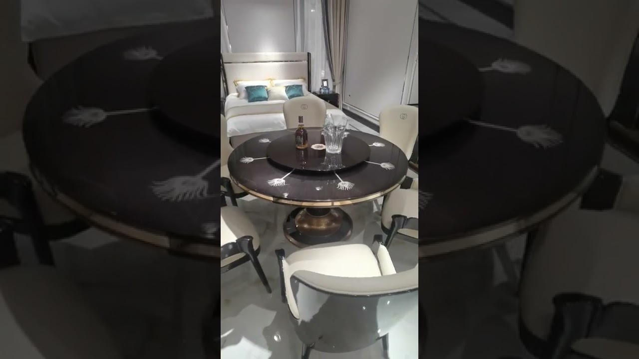 Glossy painting Wooden Luxury Round Dining Table set with Swirl plate and Leather chairs Glossy painting Wooden Luxury Round Dining Table set with Swirl plate and Leather chairs