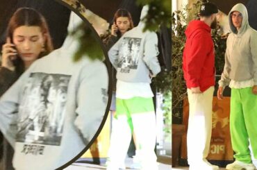 Justin Bieber eating with his wife Haley