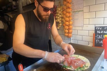 Italian Piadina Flatbread, Ham, Pesto Sauce, Italian Cheese. London Street Food