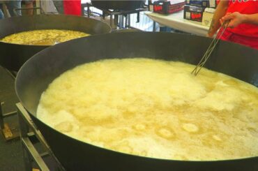 Italy Street Food. Frying Seafood in Huge Pans, Ribs, Sausages, Grilled Meat and more Food