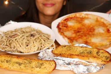 ASMR EATING ITALIAN FOOD MUKBANG, SPAGHETTI, MARGHERITA PIZZA, GARLIC BAGUETTES *10 USD CHALLENGE*