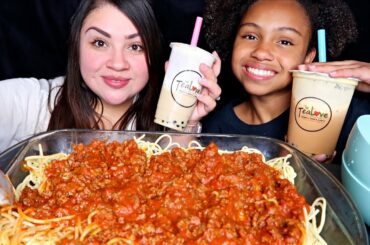 MUKBANG EATING SPAGHETTI AND BOBA WITH MY DAUGHTER!