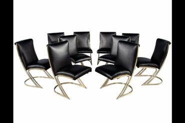 DC-5172 Set of 10 Vintage Mid-Century Modern Brass Dining Chairs in Black Leather