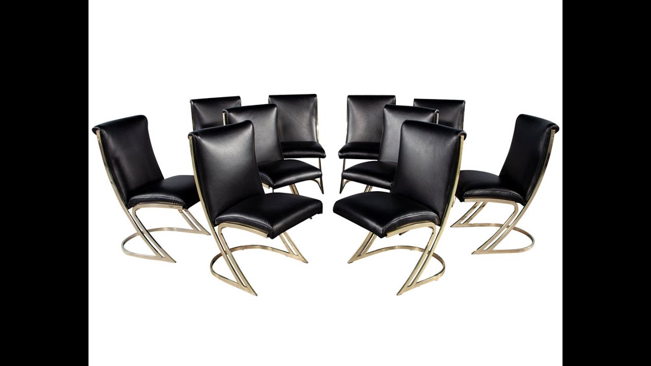 DC-5172 Set of 10 Vintage Mid-Century Modern Brass Dining Chairs in Black Leather DC-5172 Set of 10 Vintage Mid-Century Modern Brass Dining Chairs in Black Leather