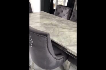 Louis 1.8m Italian marble dining table with 6 Cheshire dark grey velvet lion knocker chairs
