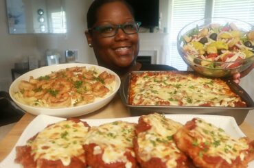 ITALIAN TRIO LASAGNA SHRIMP ALFREDO CHICKEN PARMESAN + Olive Garden Salad COOKING AND EATING