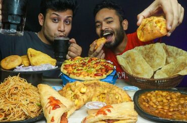 Mukbang with Editor| Dominos Cheese Burst Pizza, Spicy Chole Bhature, Chowmein, Veg Patty & Kachori