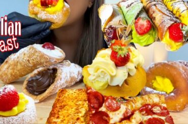 ITALIAN STREET FOOD FEAST ~ PIZZA + BOMBOLONI DONUTS & CANNOLI | ASMR MUKBANG | CRUNCHY SOFT SOUNDS