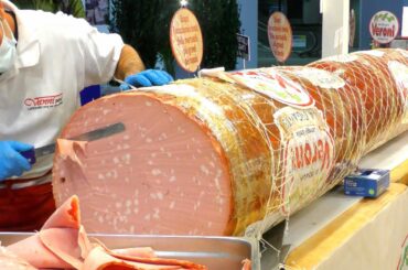 Italy Street Food Event. Cutting 300 Kg. Of Mortadella, Fried Pastries, Burgers and more