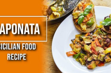 Sicilian Caponata recipe. Traditional italian food. Vegetarian eggplant recipe from Sicily