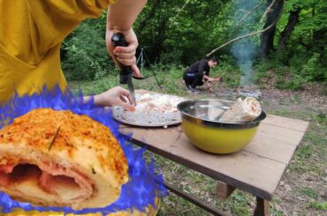 cooking rolled ham (a delicious italian food) in a fantastic wild forest.