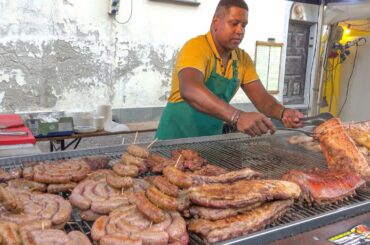 Street Food Fair in Italy. Grills, Italian Steaks, Pasta. Pepper Festival at Carmagnola, Torino