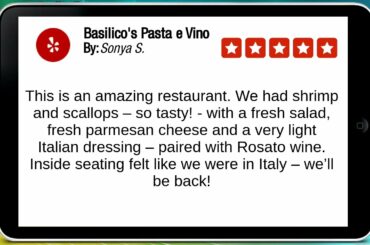 Basilico's Pasta e Vino Huntington Beach Excellent Five Star Review by Sonya S.