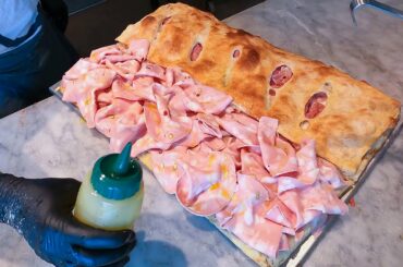 Baking Italian Pizza and Focaccia. Italy Street Food. Torino