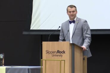Jordan Grady welcomes the Butler County Chamber of Commerce Annual Dinner attendees