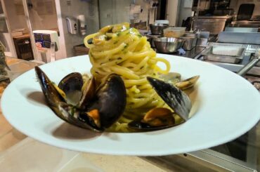 Spaghetti with Seafood, Pasta Carbonara, Pesto Sauce and Mora Italian Pasta. Italy Food