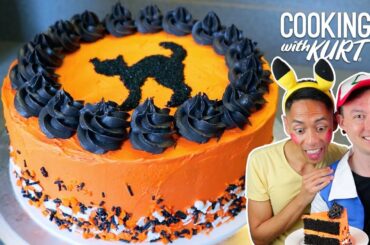 Black Cat Halloween Cake: Black Velvet Layers with Orange Italian Buttercream | Cooking with Kurt