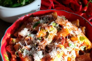 Rigatoni in homemade sausage marinara with mushrooms and peppers