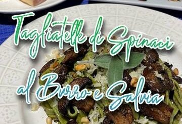 "Spinach Basil Tagliatelle in a Dalmatian-Sage Brown Butter Sauce w/ Crispy Raspberry BellaVitano Mushrooms