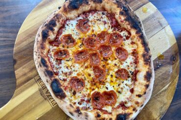 Pepperoni pizza using my 72 hour dough and cooked in an Ardore Pizza Oven.