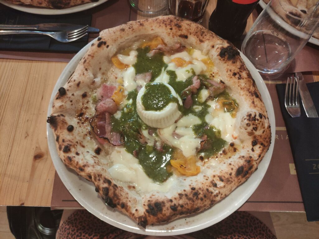Yesterday in Caserta: pizza with Burrata, Yellow tomatoes, provola, guanciale and pistachio salsa