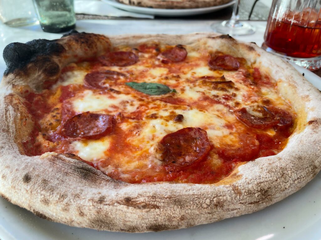 Pizza diavola at restaurant Miramare in Alghero, Sardinia