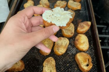 Crostini from some take and bake French bread with some fresh mozzarella on top. One of my favorites
