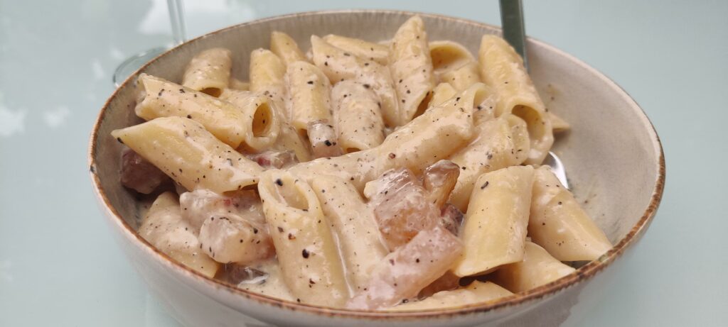 I love my carbonara with loads of black pepper and big chunks of guanciale