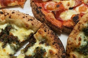 Pizzas with salami and home made pesto