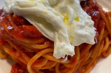 Spaghetti with Nduja, Anchovies, and Buratta.