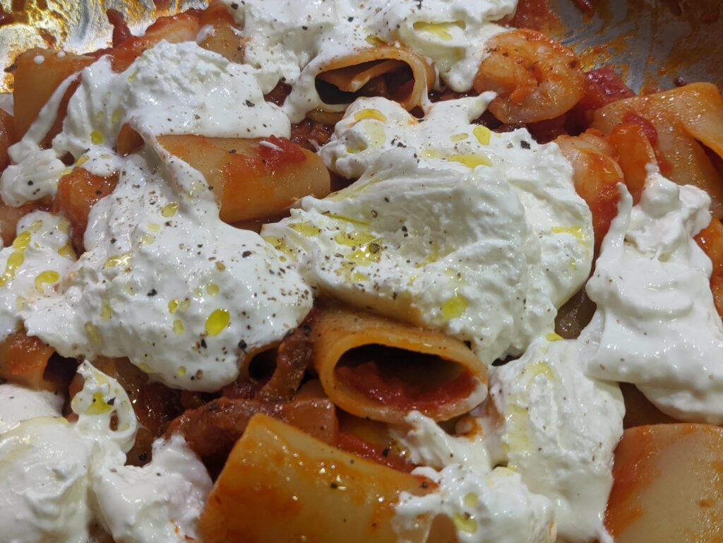 Paccheri with Guanciale, Gamberi & Burrata