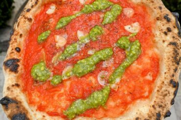 Pizza Marinara with pesto. 22 hour bulk rise, 2-8hour dough ball rise, cooked in Roccbox.