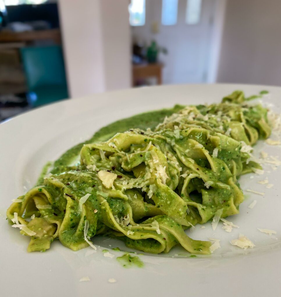 All Homemade Pesto Pasta 😍 Basil Toasted Pine Nuts, Parmesan, Garlic. Pasta was a semolina blend
