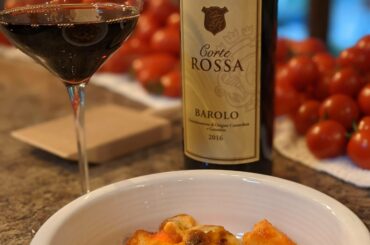 Gnocchi al Forno, gnocchi is one of the more difficult things to prepare even though it is such a simple recipe. Everything here I made from scratch with the exception of the Barolo