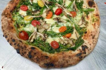 1) Pesto, Maitake Mushrooms, Broccolini, and Cherry Tomatoes. 2) Cherry Tomatoes, Buffalo Mozzarella, and Basil.