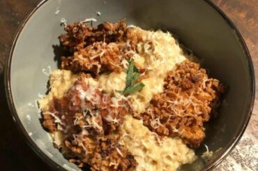 Wild Mushroom Risotto with Porcini, Chanterelle and Lobster Mushroom topped with Breaded Lobster Mushroom