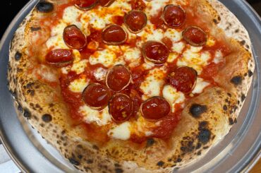 Pepperoni & Calabrian peppers. 62% hydration, 24 hour fermentation. 60 second bake.