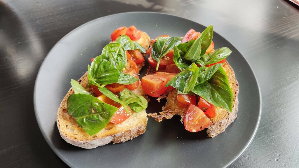 Bruschetta (Sourdough, Balcony Grown Sweet Basil, Cherry Tomatoes, Extra Virgin Olive Oil)
